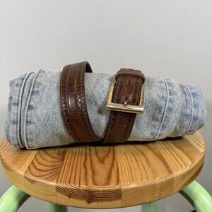 Vintage 90s Brown Woven Leather Brass Western Workwear Classic Belt - Mens 34”